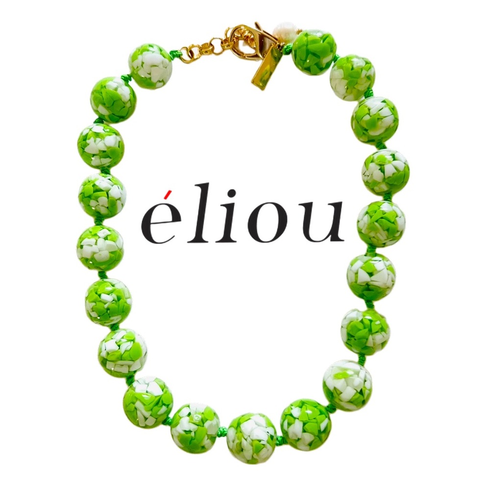 Eliou Green and White Beaded Necklace with Gold Clasp New. 17” plus 1” ext.